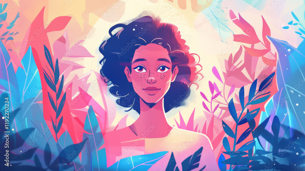 vibrant illustration of woman surrounded by colorful foliage, exuding positivity vibrant illustration of woman surrounded by colorful foliage, exuding positivity
