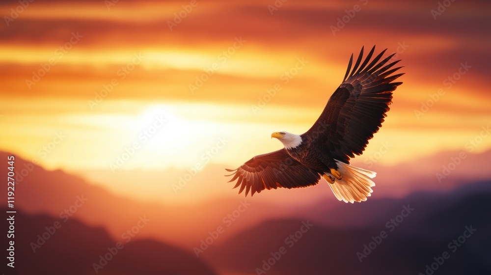 Obraz premium Majestic bald eagle soaring over a canyon with a vibrant sunrise in the background, representing freedom and strength
