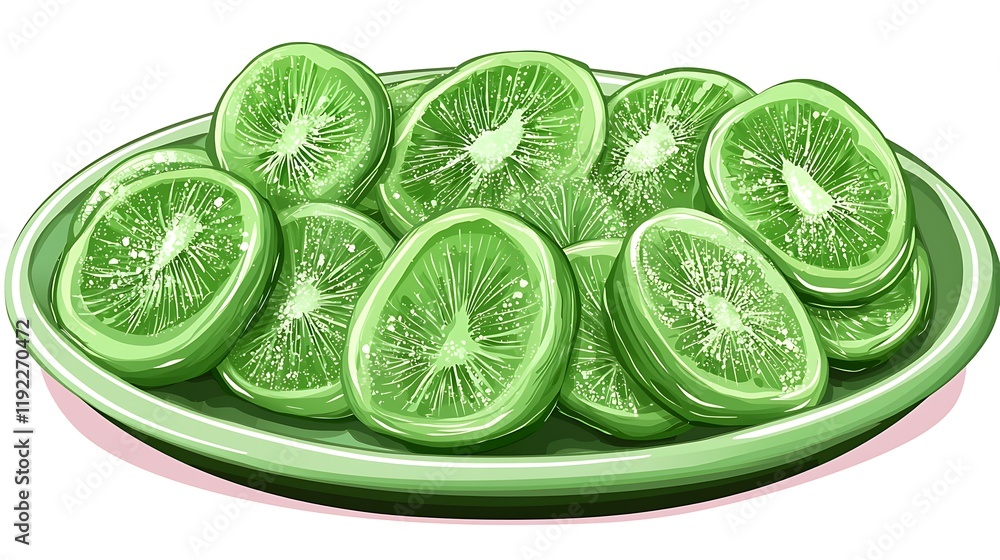 A vibrant illustration of sliced kiwifruit arranged on a green plate. A vibrant illustration of sliced kiwifruit arranged on a green plate.