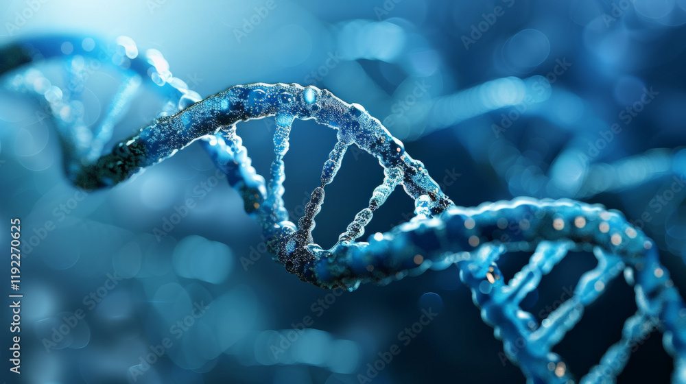 close up view of DNA double helix structure, showcasing its intricate details and vibrant blue close up view of DNA double helix structure, showcasing its intricate details and vibrant blue