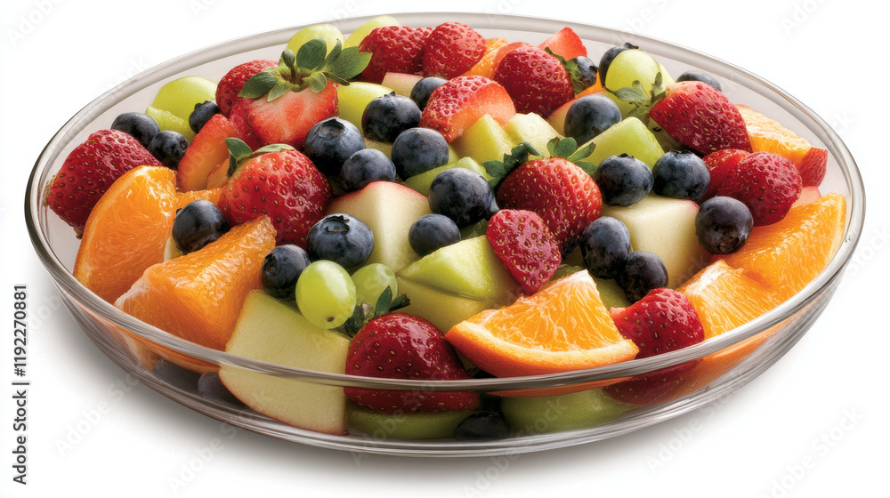 vibrant fruit salad featuring strawberries, blueberries, orange slices, green grapes, and apple chunks, beautifully arranged in clear glass bowl for fresh and colorful presentation vibrant fruit salad featuring strawberries, blueberries, orange slices, green grapes, and apple chunks, beautifully arranged in clear glass bowl for fresh and colorful presentation