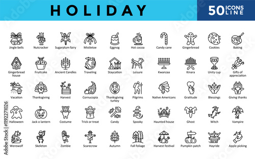 Holiday icons set with jingle bells, nutcracker, sugarplum fairy, mistletoe, eggnog, hot cocoa, candy cane, gingerbread, cookies, baking icon. Simple line vector 
 photo