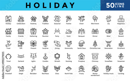 Holiday icons set with holiday, celebration, festivity, tradition, seasonal, festive, cheer, merriment, joy, happiness icon. Simple line vector 
