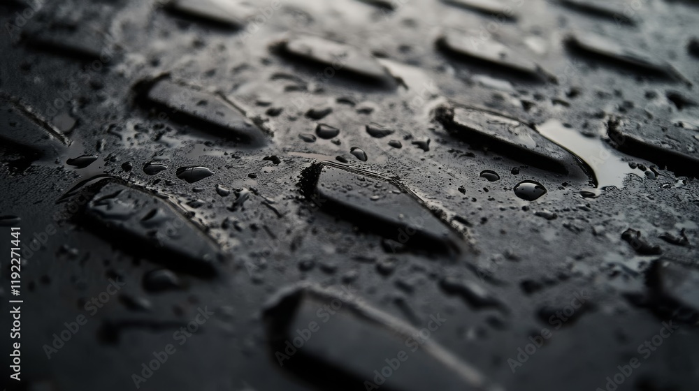 Macro View of Wet Textured Surface with Raindrops Reflecting Light, Perfect for Illustrating Industrial Concepts, Weather Effects, or Rough Environments Macro View of Wet Textured Surface with Raindrops Reflecting Light, Perfect for Illustrating Industrial Concepts, Weather Effects, or Rough Environments