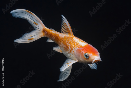 A vibrant koi fish swimming gracefully against a dark background. photo