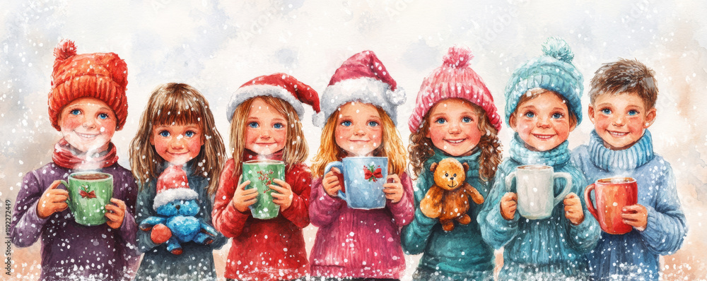 Children holding mugs and plush toys, wearing festive hats, smiling joyfully in snowy setting, capturing warmth of holiday spirit