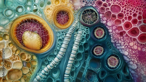 Closeup scene of plant structures featuring xylem phloem stomata with microscopic details of their biological functions photo