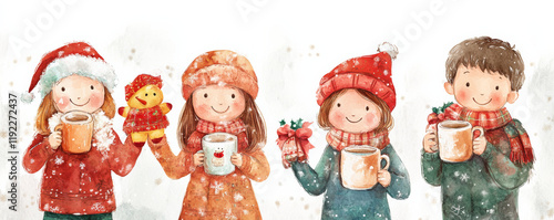 Obraz na płótnie Cozy children holding mugs and plush toys in winter attire, enjoying snowy day together. Their joyful expressions capture warmth of season w salonie