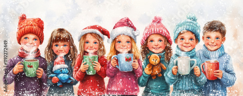 Children holding mugs and plush toys, wearing festive hats, smiling joyfully in snowy setting, capturing warmth of holiday spirit