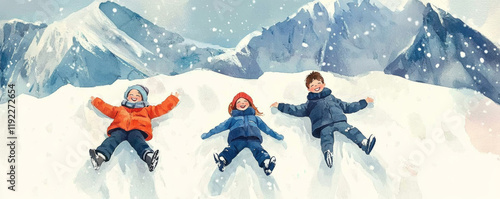 Obraz na płótnie Children lying in snow making snow angels, enjoying winter fun in snowy landscape with mountains in background. Their laughter fills air with joy w salonie
