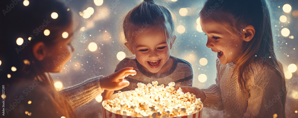 Children joyfully sharing bowl of popcorn, surrounded by festive lights, creating magical atmosphere of laughter and excitement