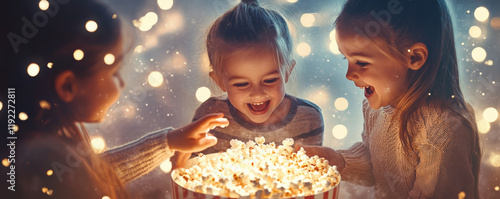 Obraz na płótnie Children joyfully sharing bowl of popcorn, surrounded by festive lights, creating magical atmosphere of laughter and excitement w salonie