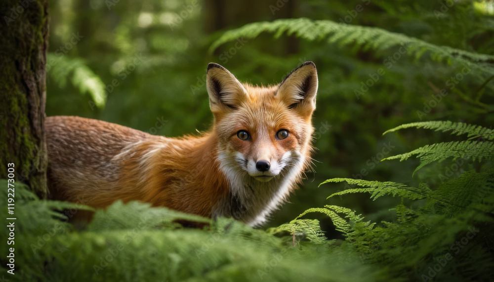Red fox peeking through tall ferns in a dense forest with sunlight filtering through the canopy Red fox peeking through tall ferns in a dense forest with sunlight filtering through the canopy
