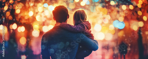 Obraz na płótnie Father carrying daughter under twinkling lights, warm atmosphere, joyful moment, family bond, love, togetherness, festive background, soft focus, colorful bokeh, emotional connection w salonie