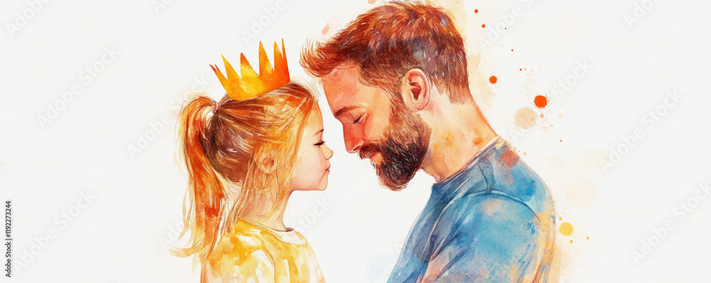 daughter places small paper crown on her dad head, showcasing tender moment filled with love and joy. This heartwarming scene captures bond between parent and child
