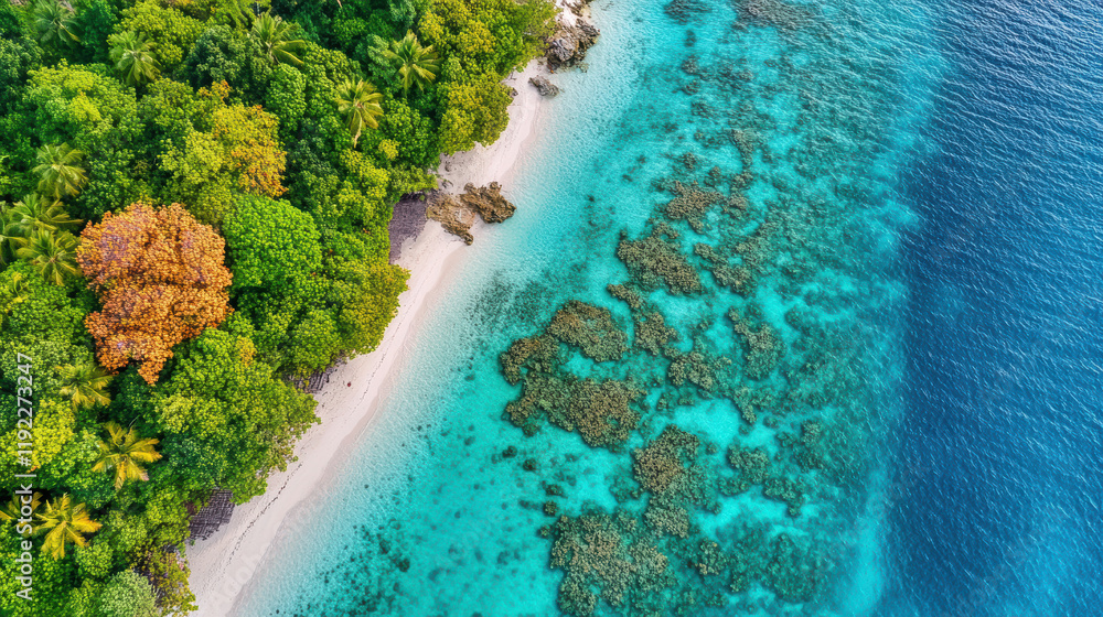 Fototapeta premium breathtaking aerial view of tropical island with lush greenery, white sandy beach, and vibrant coral reefs in crystal clear turquoise waters, evoking serenity and natural beauty