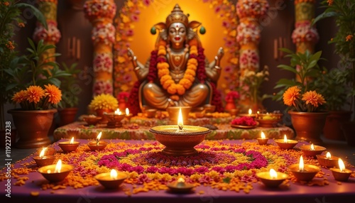 A beautifully decorated Sankranti pooja setup with flowers, sugarcane, and diyas.