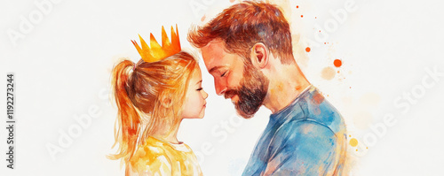 daughter places small paper crown on her dad head, showcasing tender moment filled with love and joy. This heartwarming scene captures bond between parent and child