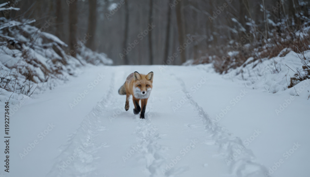 Red fox mid-stride on snowy forest path with delicate pawprints and crisp lighting Red fox mid-stride on snowy forest path with delicate pawprints and crisp lighting