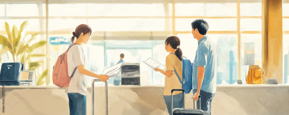 Family at check in counter, parents handing over documents, waiting for flight information. atmosphere is filled with anticipation and excitement