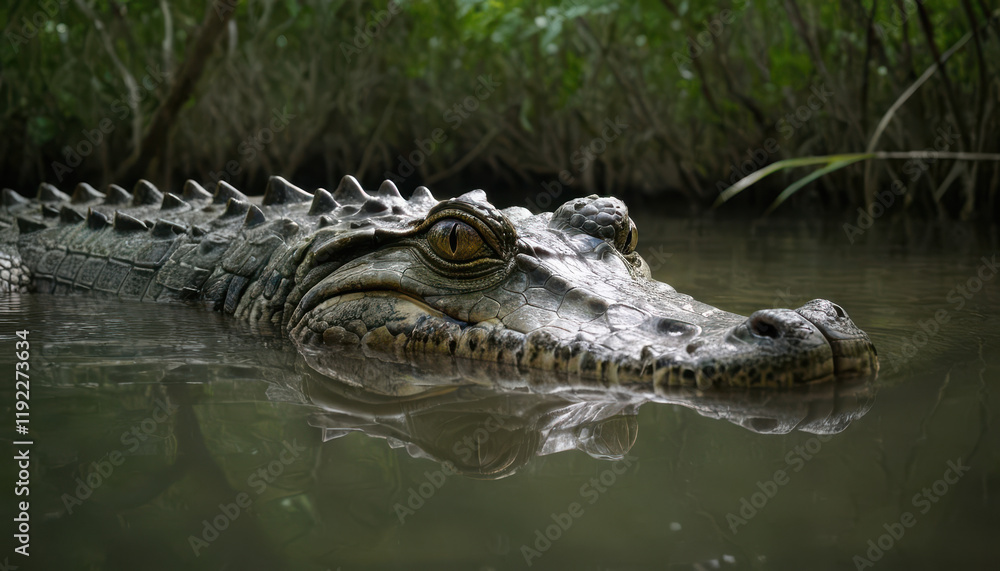 Crocodile partially submerged in river with eyes and snout visible surrounded by mangroves Crocodile partially submerged in river with eyes and snout visible surrounded by mangroves