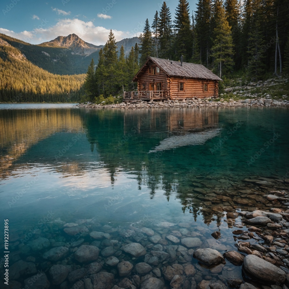 Obraz premium A scenic mountain lake with a cozy log cabin on its shore.