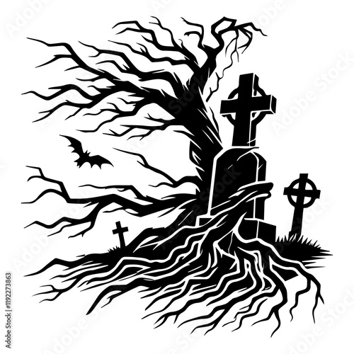 Horror Tombstone Silhouette illustration vector, Gravestone clipart design

