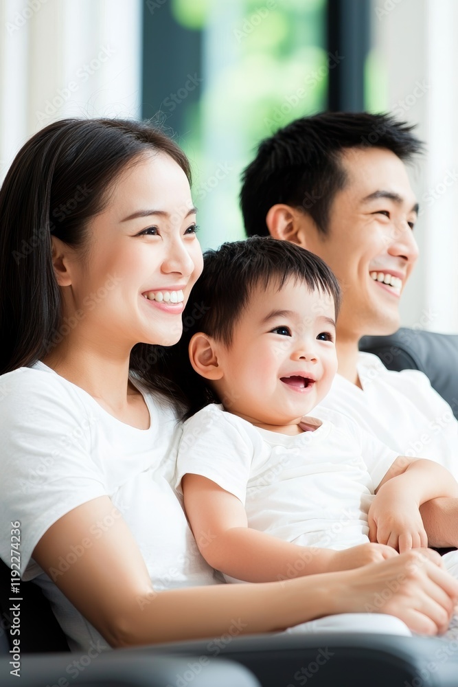 Happy Asian family with a baby boy laughing together on a sofa at home. Happy Asian family with a baby boy laughing together on a sofa at home.