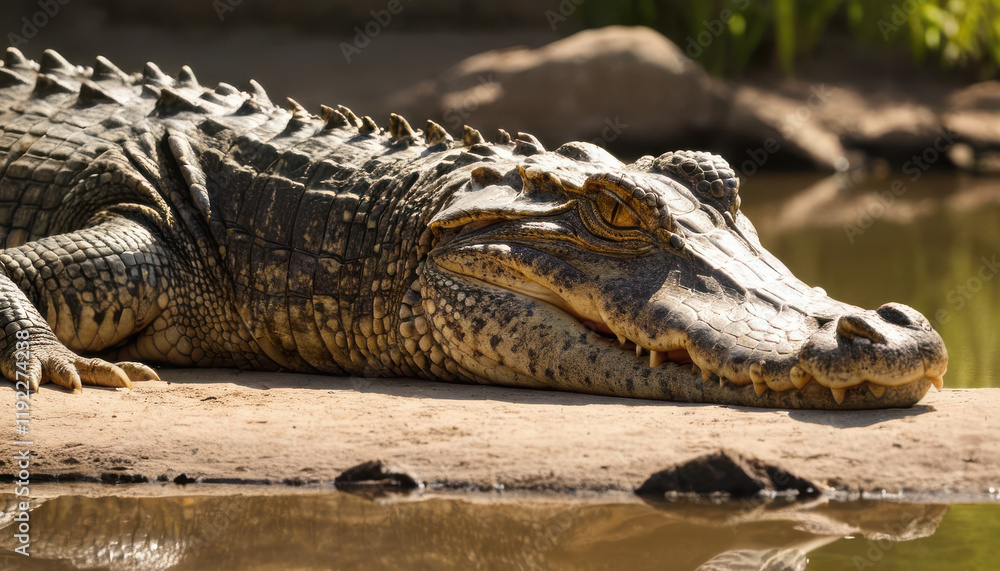Close-up of crocodile basking on riverbank with glistening textured skin under sunlight Close-up of crocodile basking on riverbank with glistening textured skin under sunlight