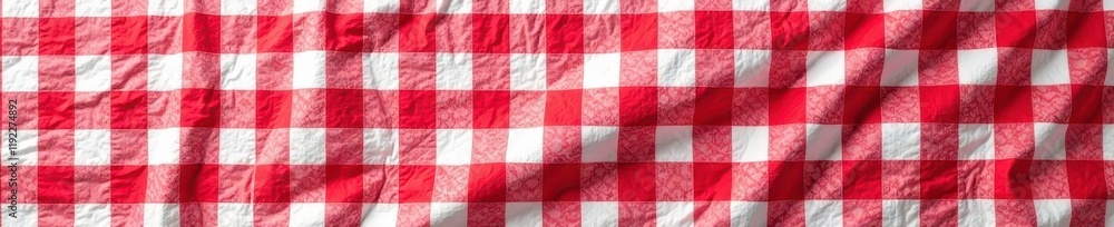 Fototapeta premium Red and white checkered tablecloth overhead view, ample copy space , template, fabric, gingham
