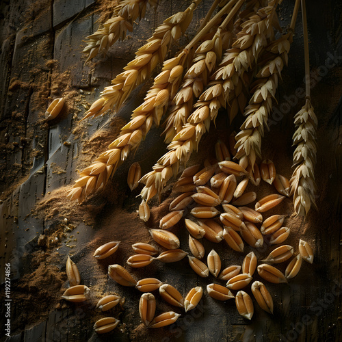 Rustic Display of Golden Khorasan Wheat: A Glimpse into Agricultural Richness and Nutritional Bounty photo