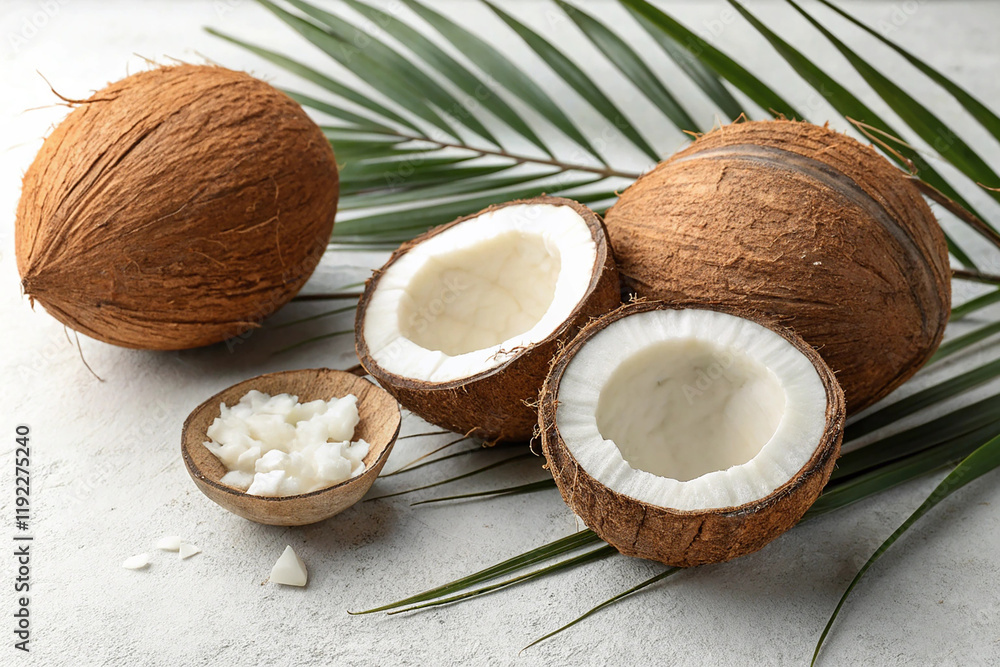 Fresh Whole and Halved Coconuts Displays Natural Tropical Aroma and Texture on White Background Fresh Whole and Halved Coconuts Displays Natural Tropical Aroma and Texture on White Background