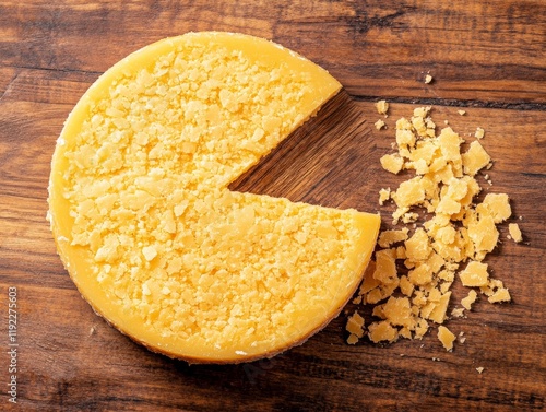 round block of cheddar cheese with wedge cut out exposing crumbly texture placed on wooden surface  - ai photo