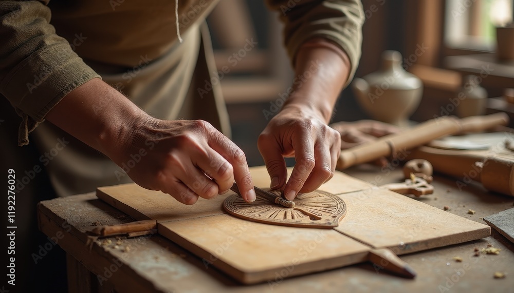 Fototapeta premium Artisans creating traditional wooden charkhas for kite flying.