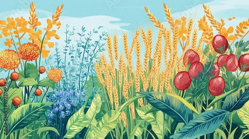 Vibrant depiction of edible plants including staple crops like wheat rice highlighting their role in global agriculture and economy photo