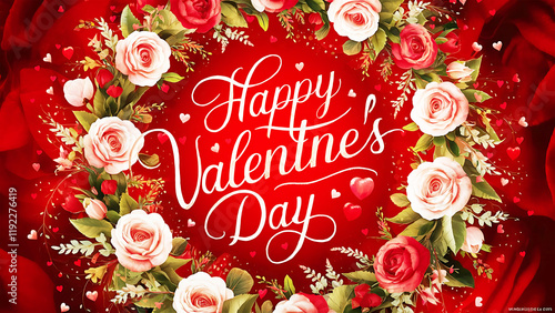 Happy valentines  Day greeting card with hearts on red background.