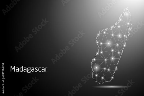 Abstract Mash Line and Point Scales on The Dark Gradient Background With Map of Madagascar. 3D Mesh Polygonal Network Connections. Vector illustration eps 10.	