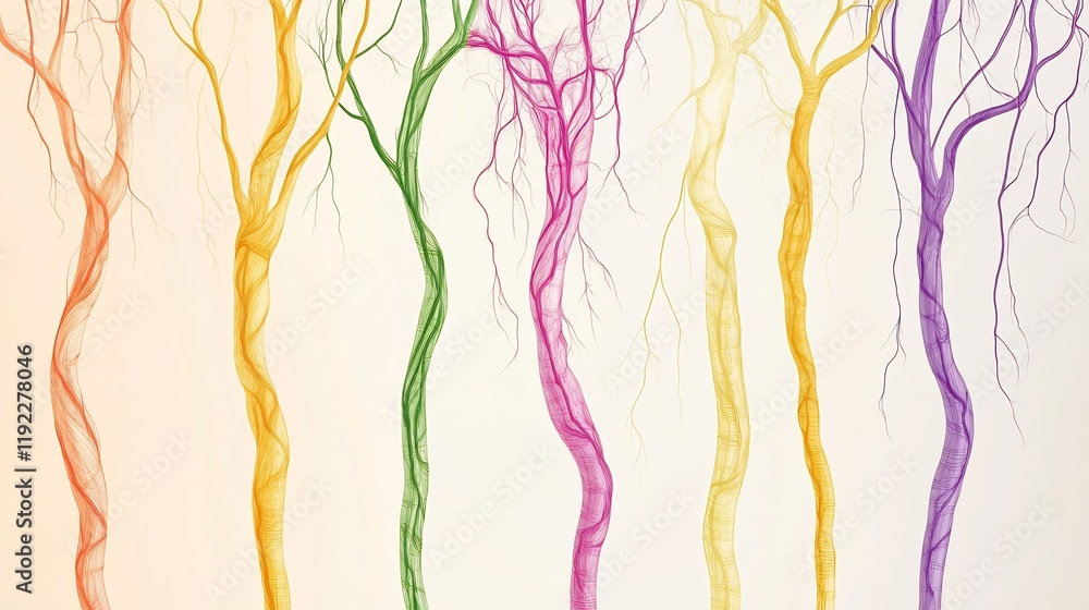 Symbolic diagram of plant stems showcasing vascular tissues such xylem and phloem in flowering species illustrating their structural functions Symbolic diagram of plant stems showcasing vascular tissues such xylem and phloem in flowering species illustrating their structural functions