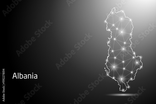 Abstract Mash Line and Point Scales on The Dark Gradient Background With Map of Albania. 3D Mesh Polygonal Network Connections. Vector illustration eps 10.	
