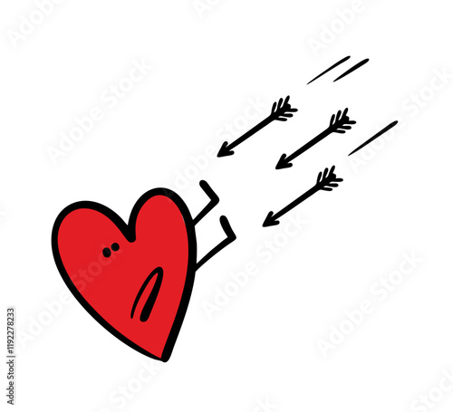 Doodle unfortunate victim of love defends himself from the attack. vector illustration of a heart running away from Cupid  flying arrows in the sky. Funny hand drawn character on white background.