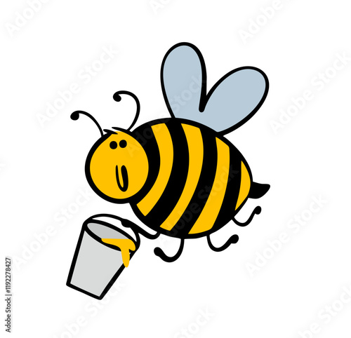 Cute fat bee is flying in the sky. Vector illustration of a striped black and yellow friendly insect carrying a bucket full of honey. Funny animal character on white background.