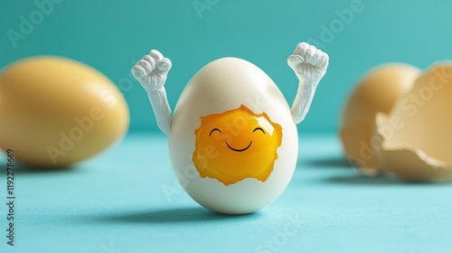 Happy egg yolk with arms raised, celebrating new life.