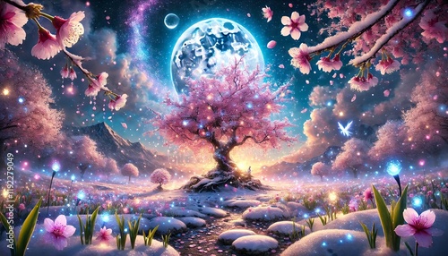 Fairy Tale Sakura and Snow: A Magical Night of Blossoms and Moonlight Glow photo