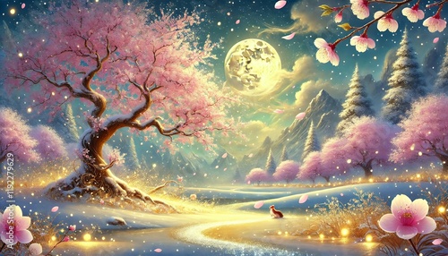 Golden Moonlit Sakura and Snow in a Gentle Fantasy Landscape