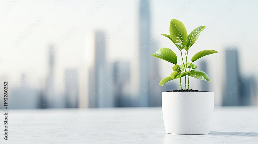 Architect blueprint idea. A vibrant green plant in a modern pot against a blurred city skyline backdrop. Architect blueprint idea. A vibrant green plant in a modern pot against a blurred city skyline backdrop.