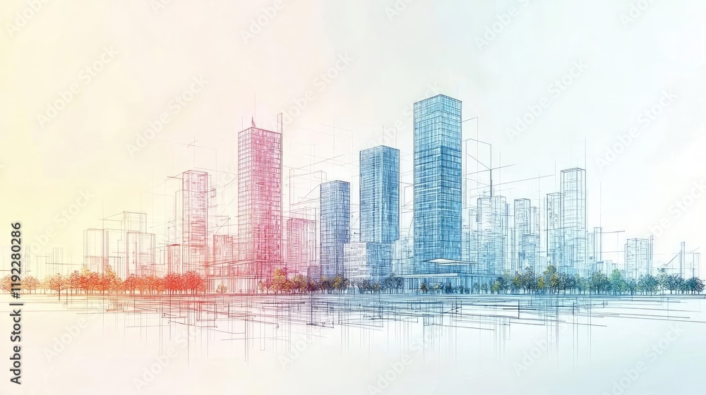 Obraz premium Architect project concept. Abstract city skyline illustration showcasing modern architectural designs and structures.