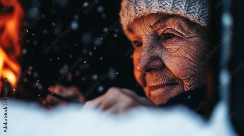 A cozy image of a grandmother knitting by the fire in a rustic cabin with snow falling outside. A cozy image of a grandmother knitting by the fire in a rustic cabin with snow falling outside.