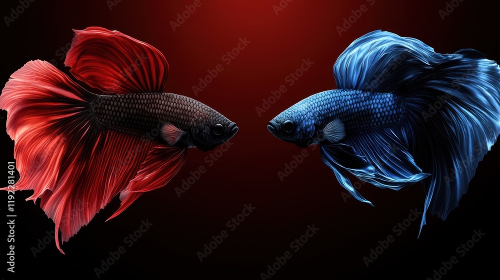Obraz premium A dramatic shot of two betta fish preparing to fight on a black and red gradient background