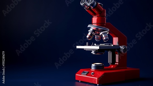 Vivid red microscope with shiny optics and sharp focus on a deep navy blue background