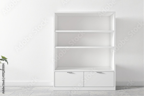 White bookshelf with shelves and drawers, minimalist graphic style, against a light wall and tile floor background, concept of modern interior. Ai generative